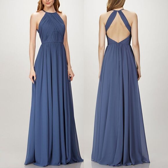 Theia Allison Backless Halter High Neck Bridesmaid Dress in Denim Slate Blue - Picture 1 of 13